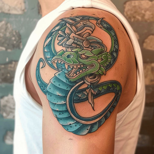 Dynamic Mayan serpent in shades of green and blue on white ground