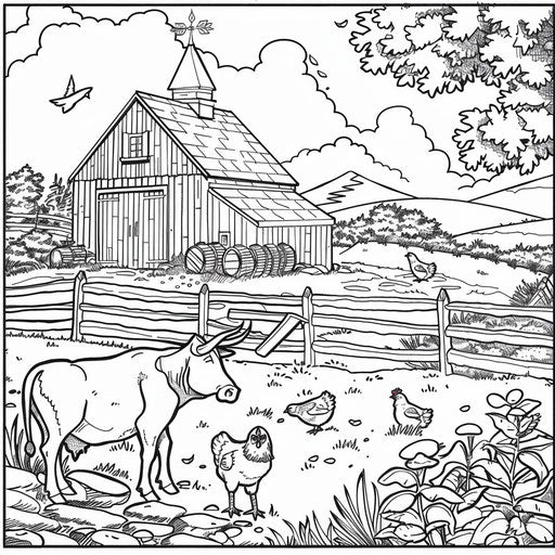Farm scene with a barn, a cow, and chickens