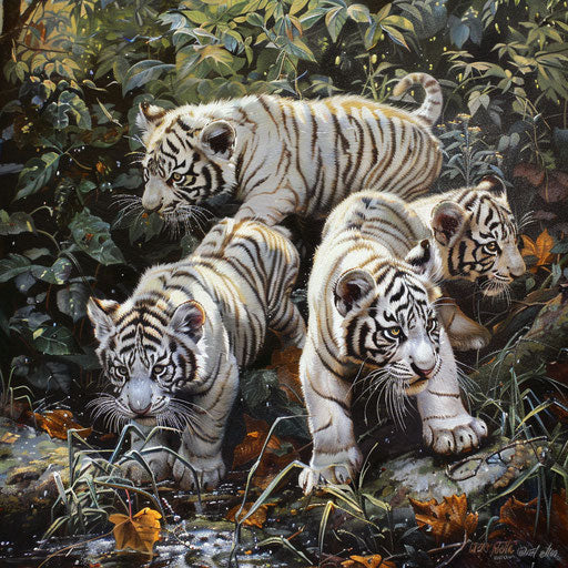 Young white tigers play in their natural habitat