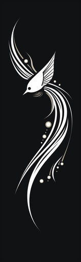 White drawing of a sparrow flying over a feather