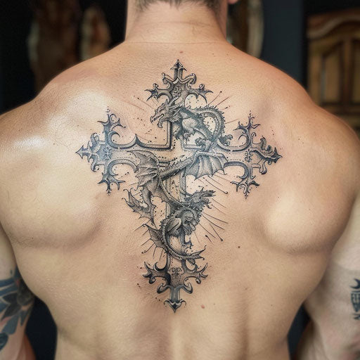Fantastic cross tattoo with mythical creatures for men