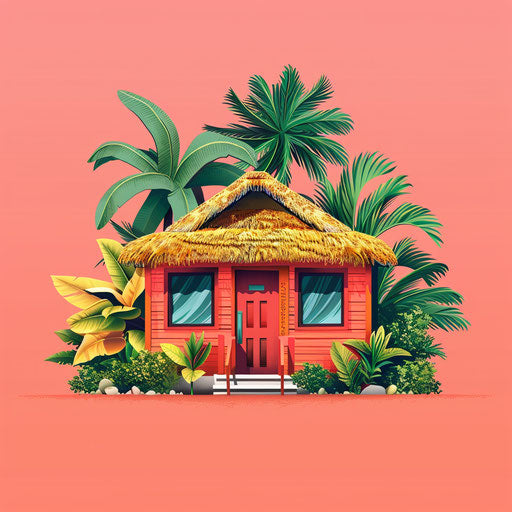 Realistic house clipart on vibrant coral background