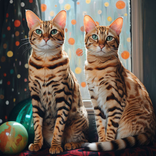 Two bengal cats sitting on a seat by a window