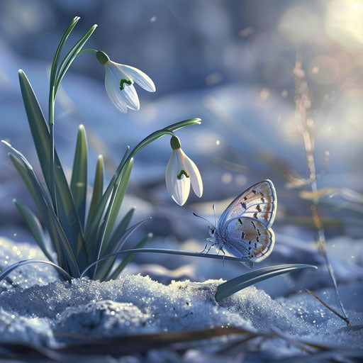 Snowy landscape with blue butterfly on snowdrop