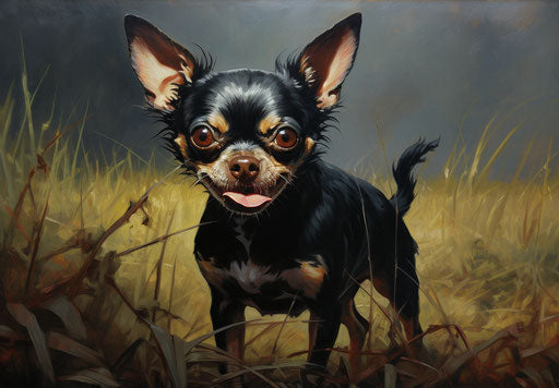 Chihuahua on grassy field, black gold, exaggerated features