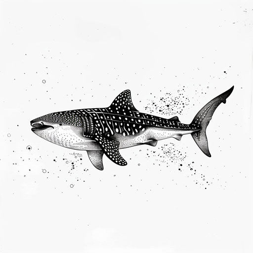 Flat tattoo sketch of a whale shark with dotted skin patterns in dotwork style