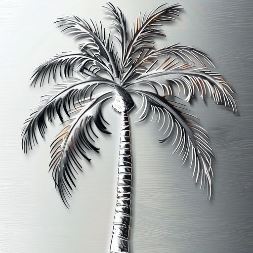 Realistic palm tree on flat metallic silver background