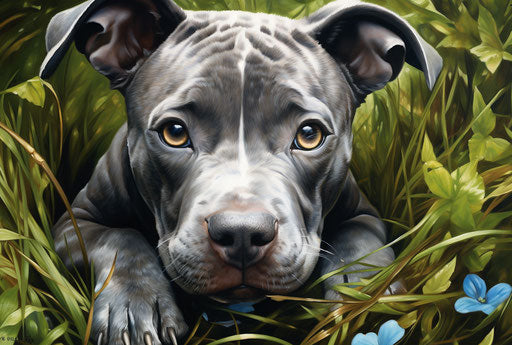 Gray and white pit bull terrier lying in the grass