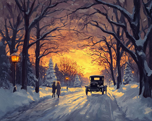 Winter scene with snow-covered trees and golden sunset