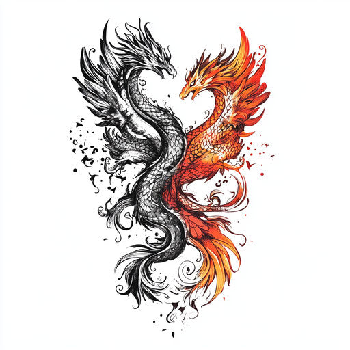 Dragon and phoenix intertwined tattoo in flat art style