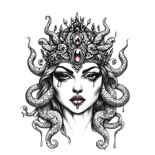 Flat tattoo sketch of beautiful Medusa with crown of serpents