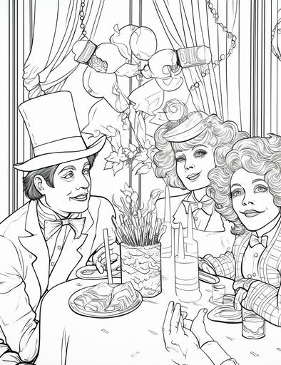 The Let's Party coloring pages are all hats, in the style of light red and blue, letterism, black and white imagery, simple forms, poster, carnivalcore, Heinrich Kley 24:31