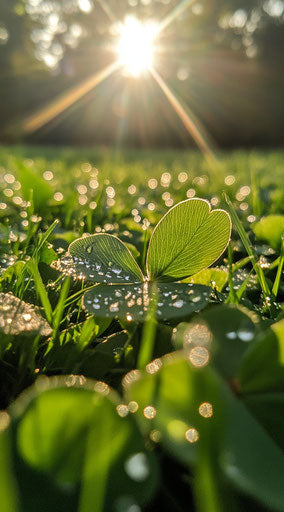 Four-leaf clover with dew, sunlight, and lush grass