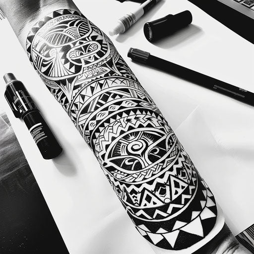 Detailed drawing of a Polynesian tribal tattoo sleeve