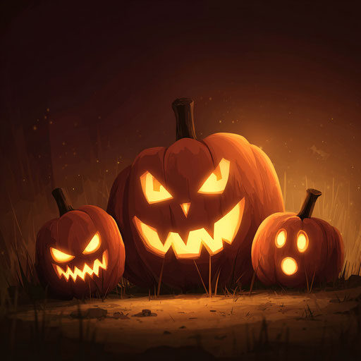 Three Cartoon-Style Glowing Jack-O'-Lanterns
