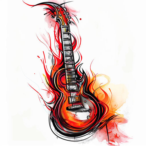 Dynamic tattoo sketch of a guitar with flaming strings in vibrant red and orange, clipart style
