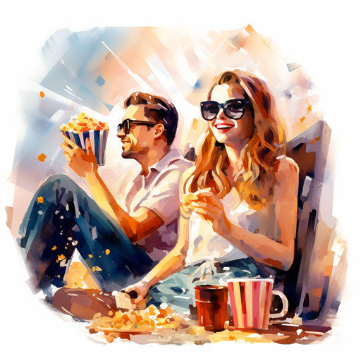 Movie night clipart in Impressionistic Art style, on white background