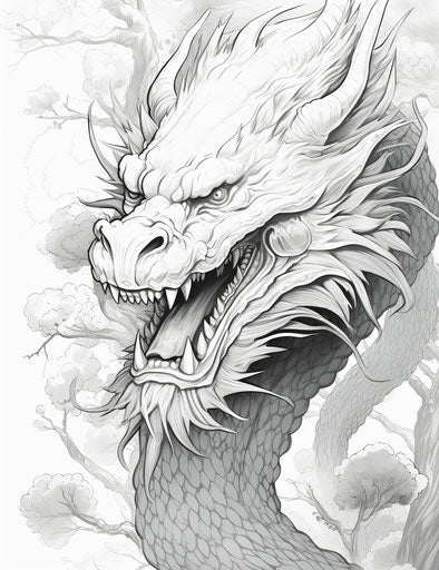 Chinese dragon in black and white style, realistic yet stylized