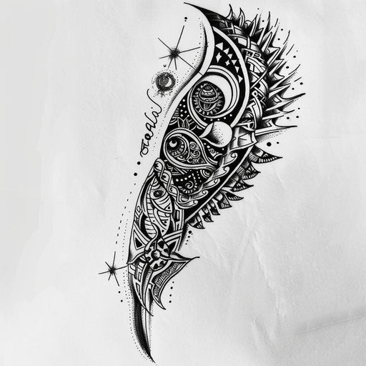 Tribal galaxy tattoo, blending traditional designs with cosmic imagery on white canvas