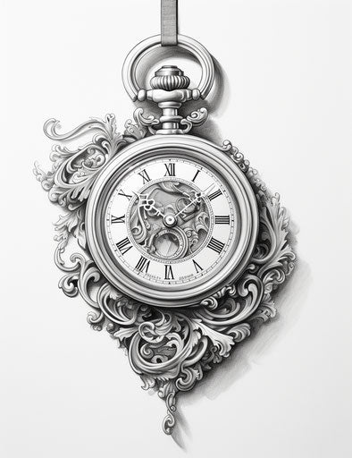 Pocket watch tattoo design in grisaille style, storybook illustration, blink-and-you-miss-it detail, italianate flair, adox silvermax, tumblewave, symbols