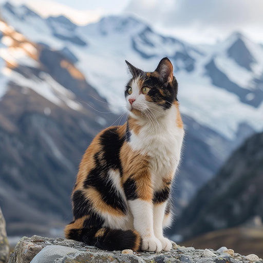 Calico cat sitting in front of mountain scenery