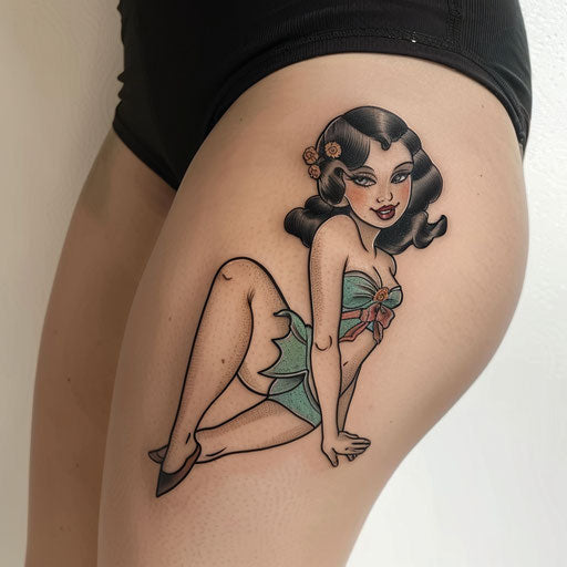 Small tattoo with a pin-up girl, in the style of Ed Hardy
