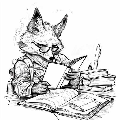 Fox journalist writing a story, in the style of Andy Marlette, Coloring book page