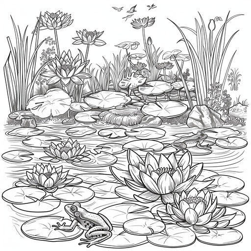 Tranquil pond with lily pads and frogs. Coloring book page