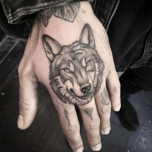 Small wolf hand tattoos in the style of David Palumbo