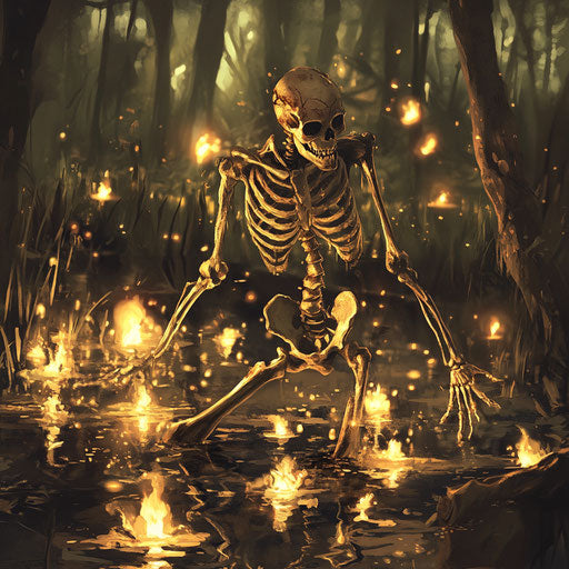 Ghostly skeleton in misty swamp