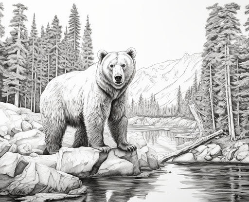Black and white bear coloring pages in captivating, prehistoricore style