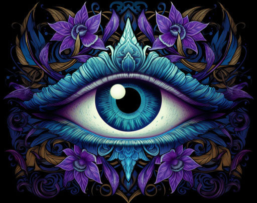Blue and purple all-seeing eye, floral swirl symbol, illustration