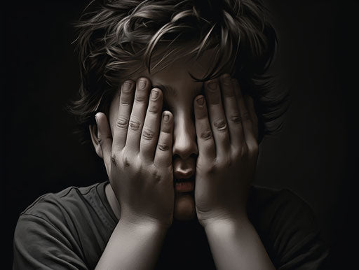 A boy crying, hand on face, grainy noir style