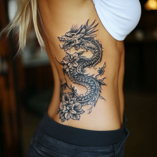 Rib tattoos for women with a tribal dragon intertwined with flowers