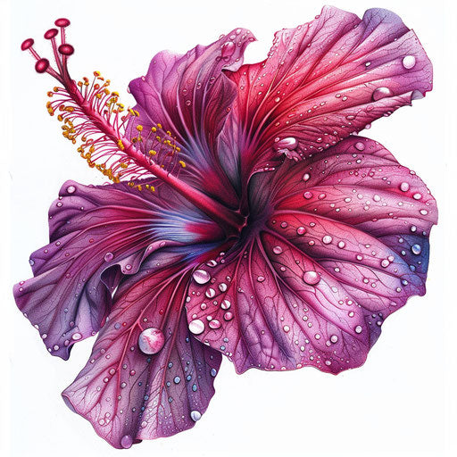 Hyper-realistic drawing of a hibiscus tattoo, with dew drops on petals, rendered in vivid colors on a white background.