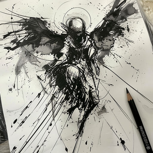 Expressive tattoo sketch of the angel of death in action pose