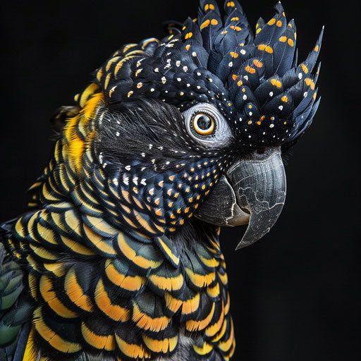Black cockatoo with yellow tail and curious expression