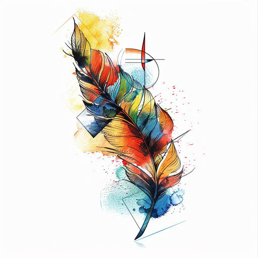 Abstract feather tattoo: geometric shapes and vibrant colors