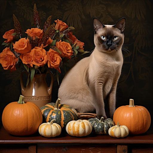 Burmese cat resting with pumpkins