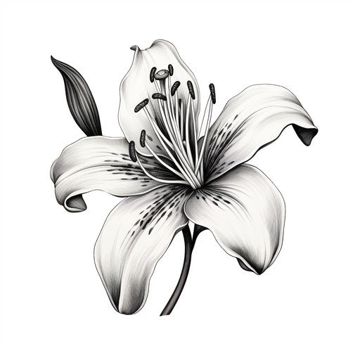 Black and white lily tattoo style drawing, high resolution