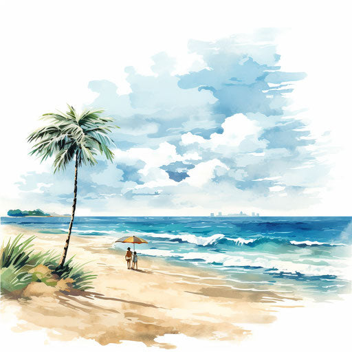 Beach clipart in the style of oil painting, on a white background