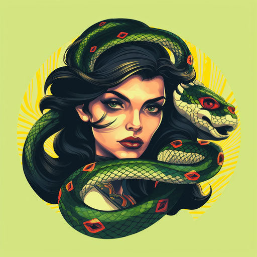 A snake with a woman's face, classic tattoo style, yellow and green colors