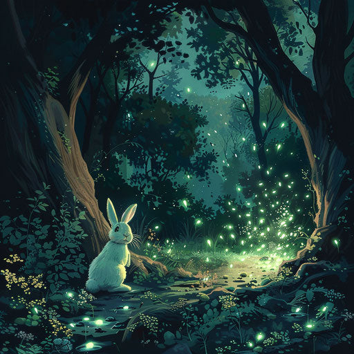 Nocturnal adventure of a rabbit illuminated by glow worms