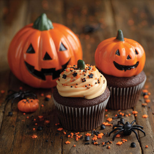 Halloween Table with Pumpkins and Cupcakes