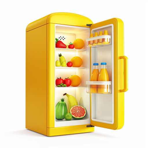 Realistic fridge clipart on white background, vibrant colors and intricate textures