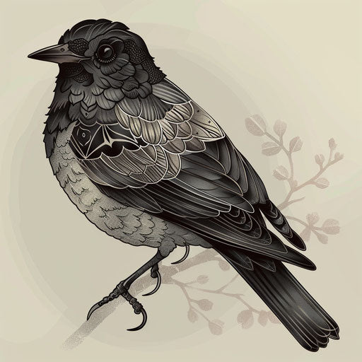 Elegant sketch of a blackbird with lace-like detailing