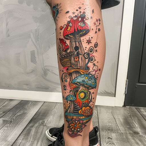 Calf tattoo with whimsical themes
