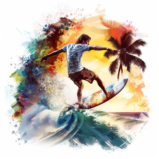 Surfing artwork in photorealistic style on white background