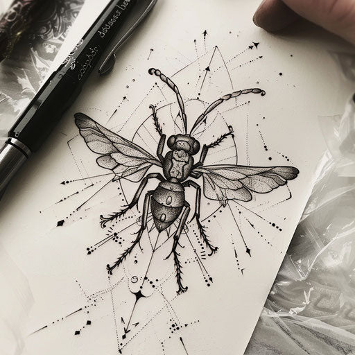 Whimsical flat tattoo sketch of an ant with fairy wings