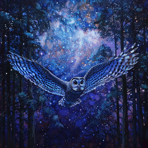 Northern spotted owl soaring under a canopy of stars